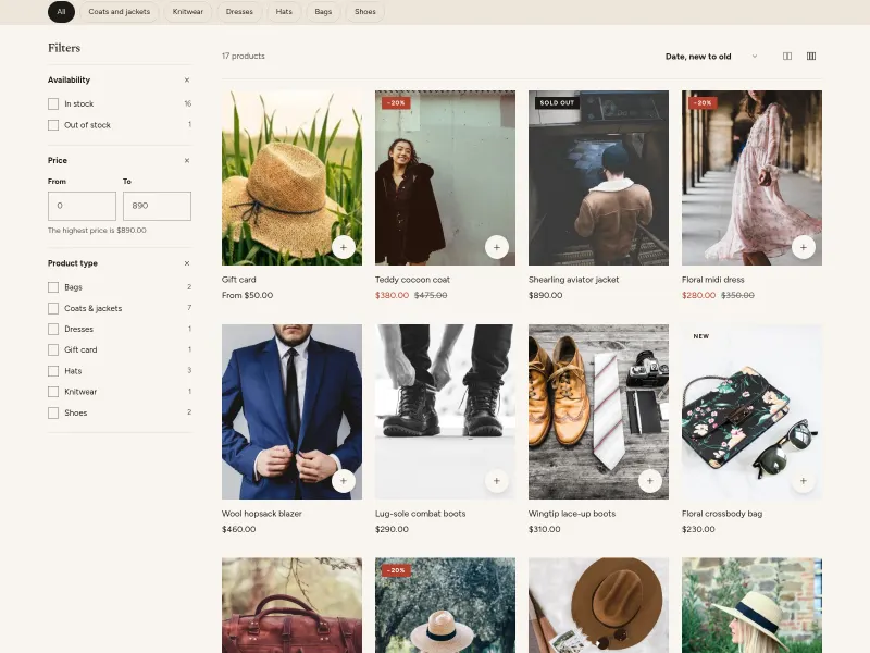 Collection page with filters in a sidebar and a grid of products.