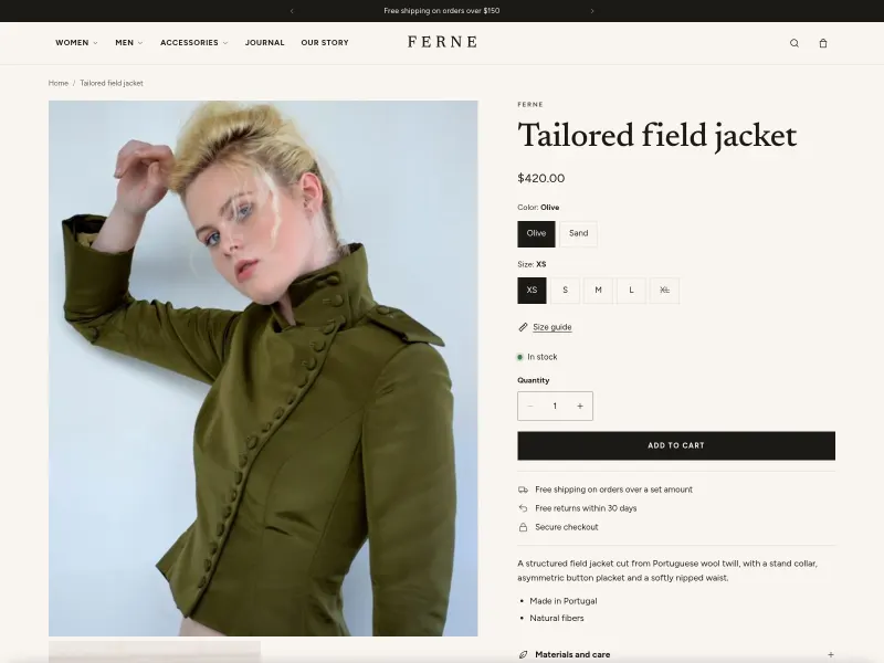 Product page with a large gallery, size and color options, and add to cart button.