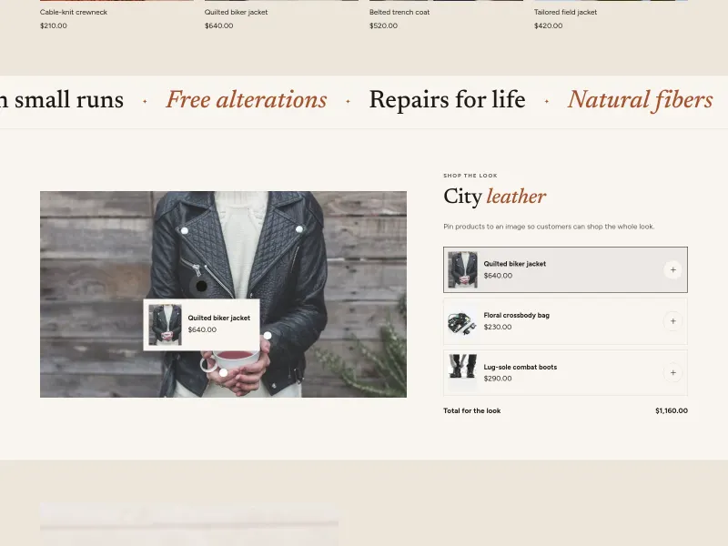 Lindenmoda's shop-the-look section: a photo with product pins beside a list of the pinned products and their total price.